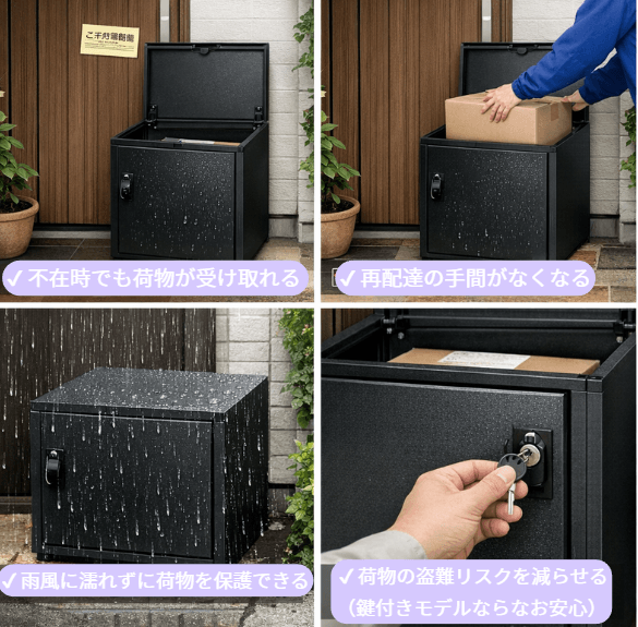 宅配ボックスは、配達員が留守中でも荷物を投函できるボックスです。
戸建て住宅では以下のメリットが特に大きいです：✔ 不在時でも荷物が受け取れる
✔ 再配達の手間がなくなる
✔ 雨風に濡れずに荷物を保護できる
✔ 荷物の盗難リスクを減らせる（鍵付きモデルならなお安心）