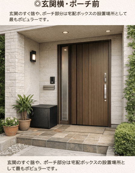 玄関のすぐ脇や、ポーチ部分は宅配ボックスの設置場所として最もポピュラーです。