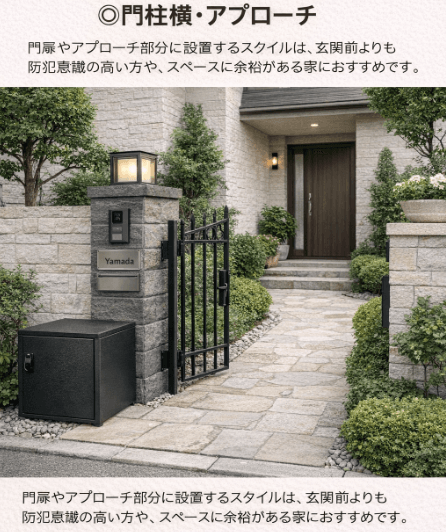 門扉やアプローチ部分に設置するスタイルは、玄関前よりも防犯意識の高い方や、スペースに余裕がある家におすすめです。