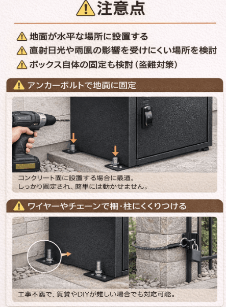 アンカーボルトで地面に固定
コンクリート面に設置する場合に最適。しっかり固定され、簡単には動かせません。ワイヤーやチェーンで柵・柱にくくりつける
工事不要で、賃貸やDIYが難しい場合でも対応可能。