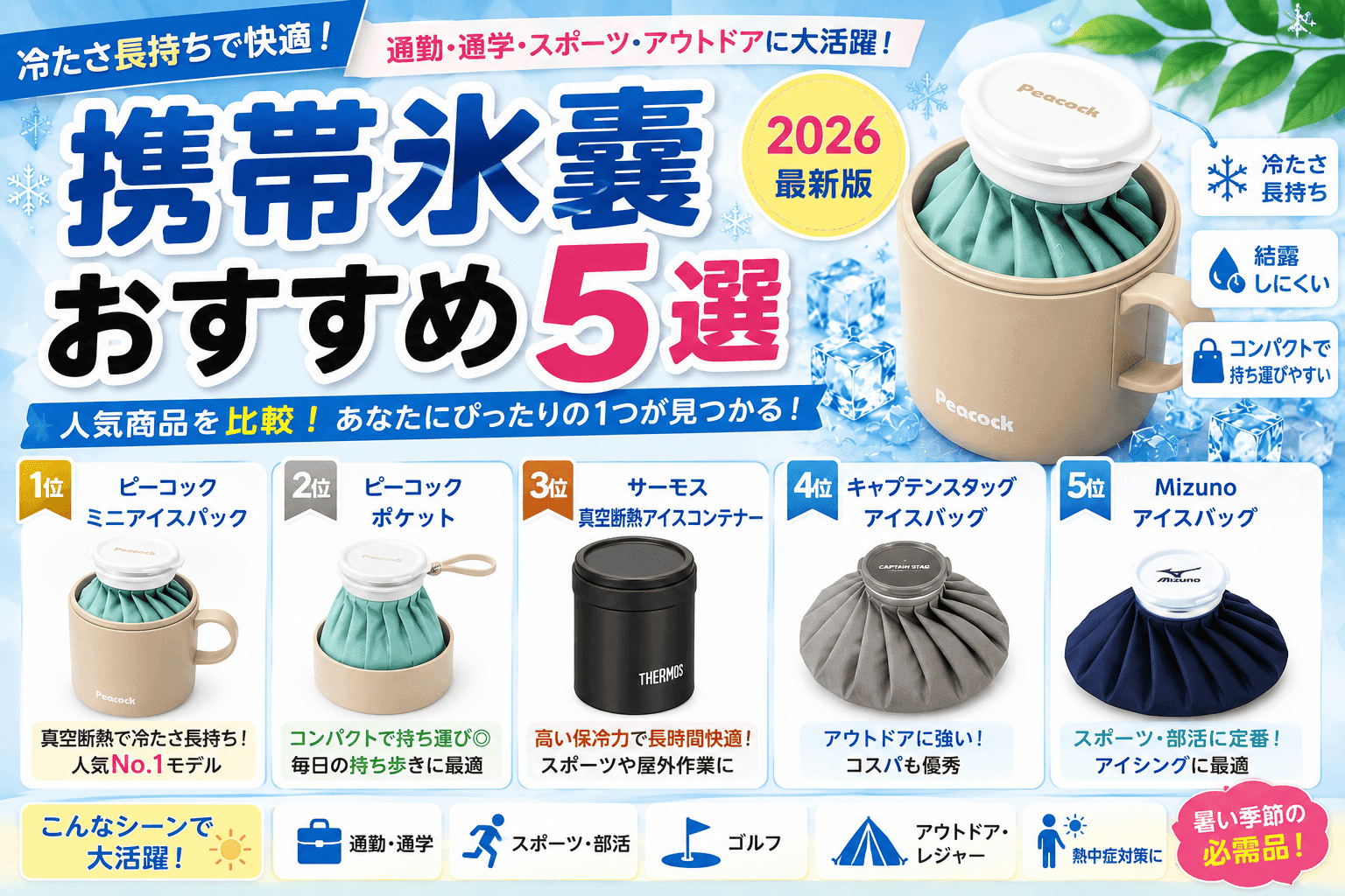 携帯氷嚢おすすめ5選【2026】冷たさ長持ち！通勤・通学・スポーツに人気の商品を比較